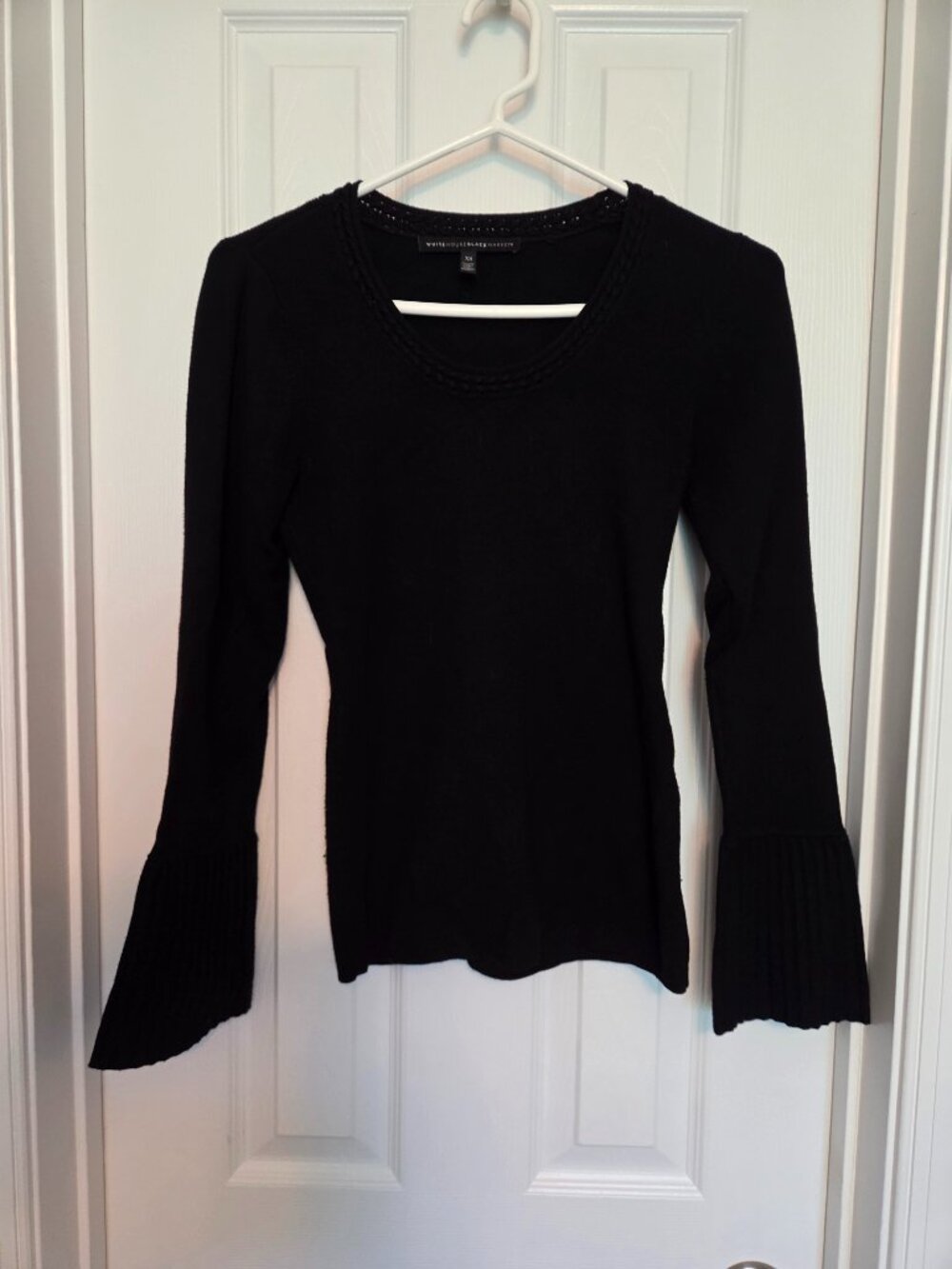 WHBM Black Knit Sweater with Braided Neck and Pleated sleeve details, Size XS